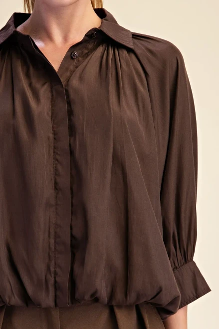 Shirt, Puff Sleeve Ballon Button Up Brown