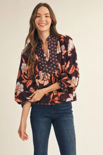 Shirt, Brown Floral With Contrast Floral Neckline
