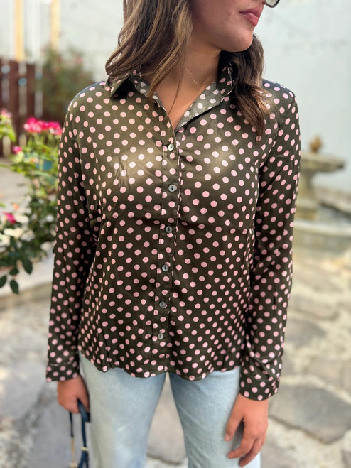 Shirt, Olive and Pink  Long Sleeve Polka Dot Blouse