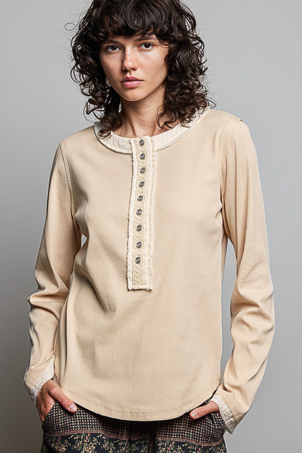 Shirt, Almond Round Neck Ribbed With Lace Trim