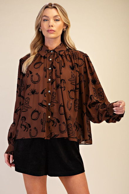 Shirt, Cowboy Western Theme Brown