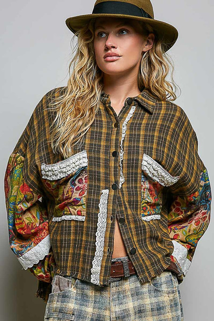 Shirt, Plaid Button Up With Floral Sleeves