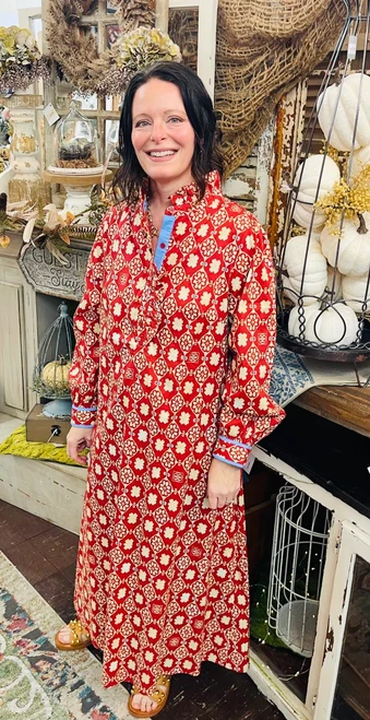 Dress, Red Geometric Floral Midi With Blue Accents/Tie Waist