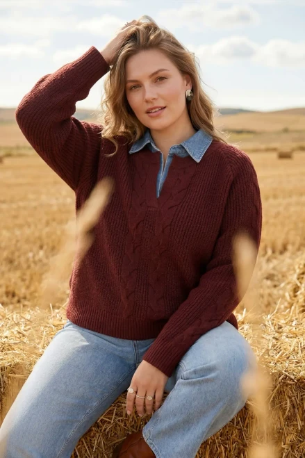 Sweater, Brown Layered Cord Sweater With Denim Mock Undershirt