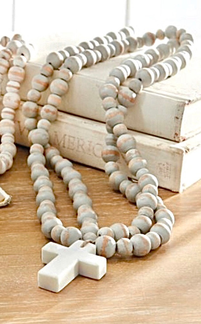 White Marble Cross with Gray Wooden Beads