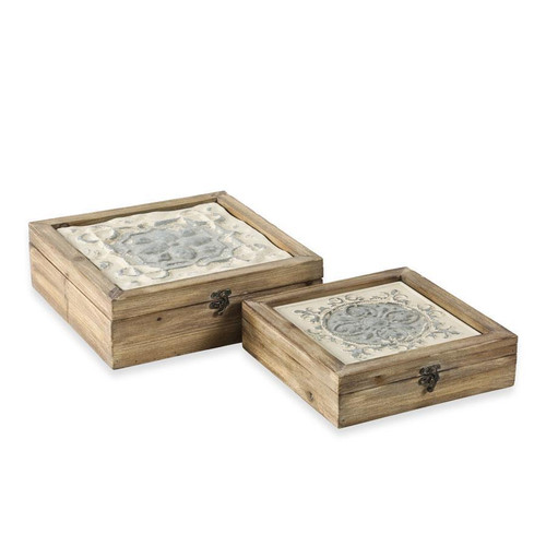 Wooden Box With Embossed Cream Tile Top SMALL