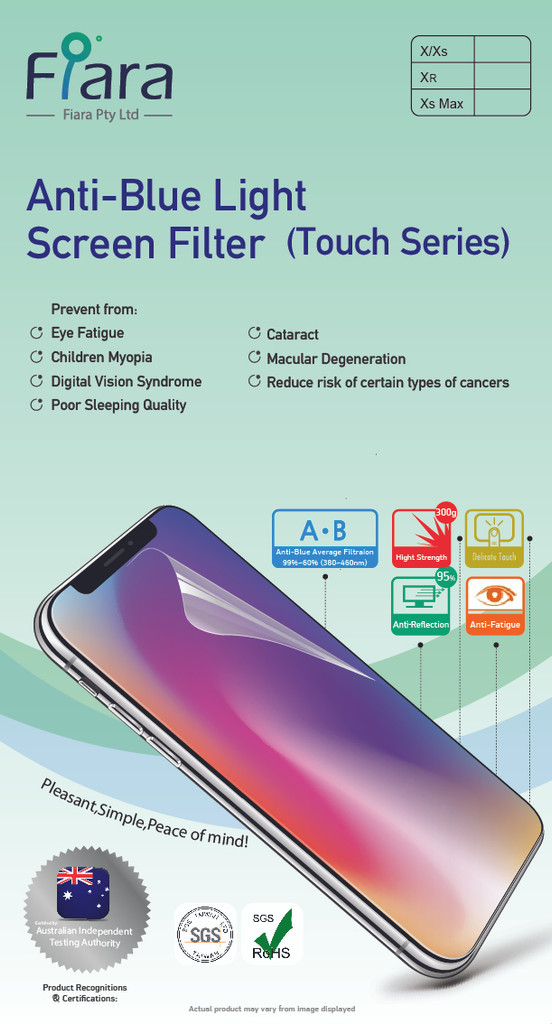 Fits Apple iPhone Xs Max / 11 Pro Max  (6.5 inch) - Fiara Anti Blue Light Screen Protector / Filter | Self-Adhesive Film