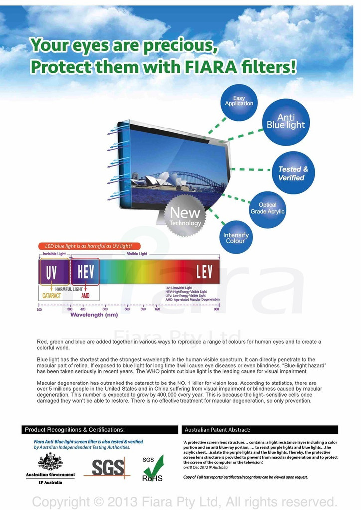 Fits 43~45-inch Slim Frame TV | Fiara Anti Blue Light Screen Protector / Filter