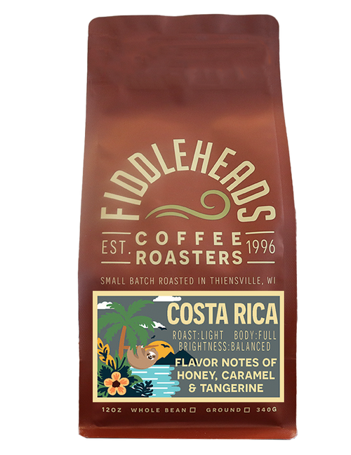 The coffee cherries that make up our Costa Rica coffee come from multiple small farms and are processed together at Cooperativa de Caficultores y de Servicios Múltiples de Palmares (Coopepalmares). This cooperative is home to state-of-the-art processing equipment and consistently produces high-quality green coffee that’s sent all over the world. This specific variety is named Monte Crisol, a special community blend of Costa Rican green coffee beans.

In our cupping profile, we’ve brought out the sweet and citrusy notes of this coffee that pair perfectly with its balanced brightness and its round, full body. A clean finish and lingering sweetness make a cup of our Costa Rica a unique and delicious choice to satisfy your coffee craving.

Cupping Profile
Roast: Light
Body: Full
Brightness: Balanced
Flavor Notes: Honey, caramel, tangerine

Origin Information
Region: Palmares, Alajuela Province, Costa Rica
Producer: Members of the Cooperativa de Caficultores y de Servicios Múltiples de Palmares (Coopepalmares)
Varietals: Caturra, Catuai
Altitude: 1300 masl
Processing: Eco-pulped, sundried on patios