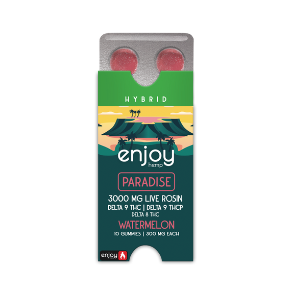 Live Rosin Hybrid-Infused Watermelon THC-P+ Delta 9 + Delta 8 Gummies for Paradise- 3000 mg Total (300 mg Each | 10 Gummies)