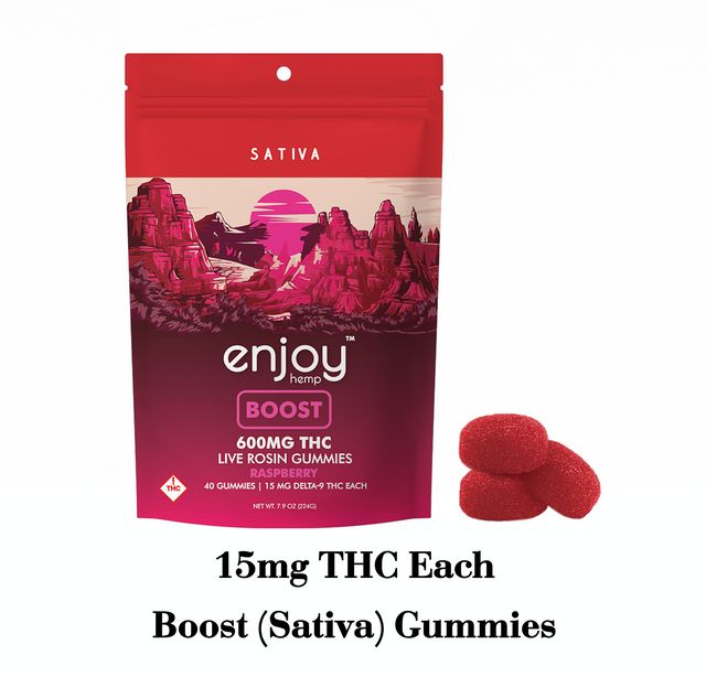 600mg Boost Live Rosin Delta 9 THC 600mg Gummies (Sativa-Infused Raspberry) - 15mg each | 40 gummies