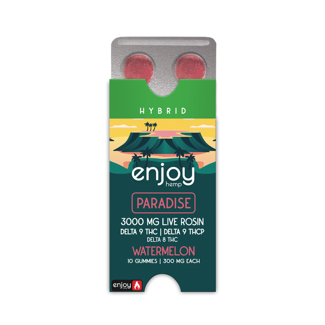 Live Rosin Hybrid-Infused Watermelon THC-P+ Delta 9 + Delta 8 Gummies for Paradise- 3000 mg Total (300 mg Each | 10 Gummies)