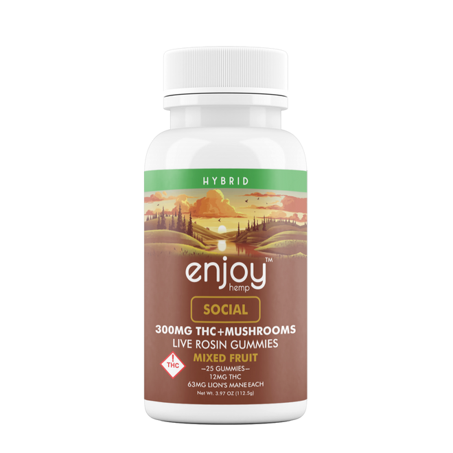 Social (Hybrid) Enjoy Hemp Live Rosin Delta-9 THC + Mushrooms - 300 mg total | 12 mg + 63 mg Lion's Mane per gummy Social (Hybrid) Enjoy Hemp Live Rosin Delta-9 THC + Mushrooms - 300 mg total | 12 mg + 63 mg Lion's Mane per gummy