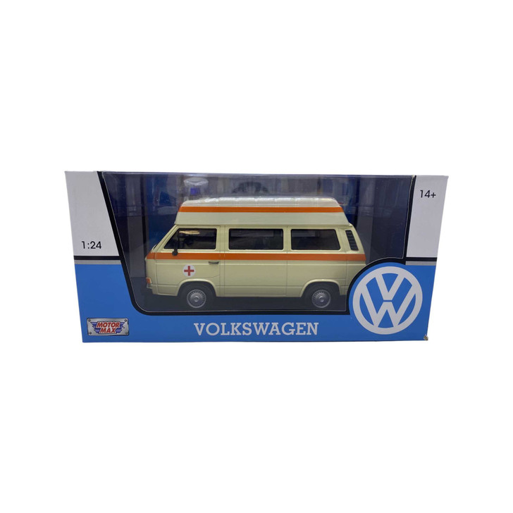 Macheta Volkswagen type 2 (t3), high roof ambulance yellow/white 1:24 deschide portbagajul - Imagine 2