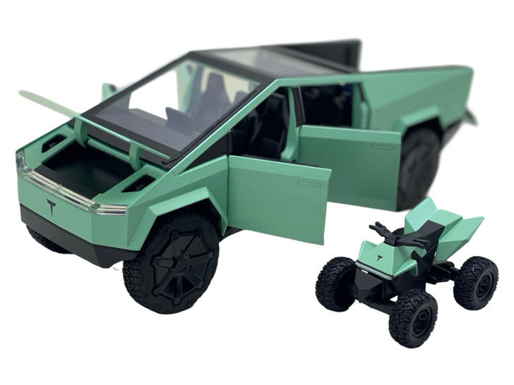 Macheta Tesla Cybertruck din Metal 1:24 - Design Futurist cu ATV Inclus replica cu sunete, lumini verde