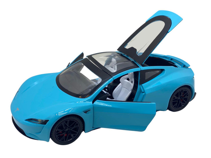 Macheta metal replica Tesla Roadster albastra deschide usile si portbagajul 1/24