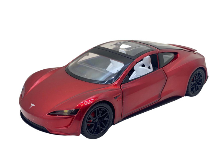 Macheta metal replica Tesla Roadster rosie deschide usile si portbagajul 1/24