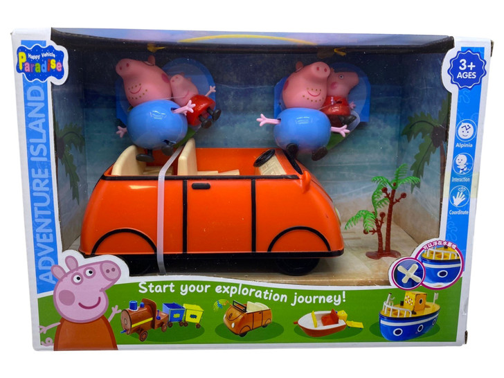 Set jucarii  Peppa Pig masina mecanica impreuna cu figurine purcelusa Peppa si Tata
