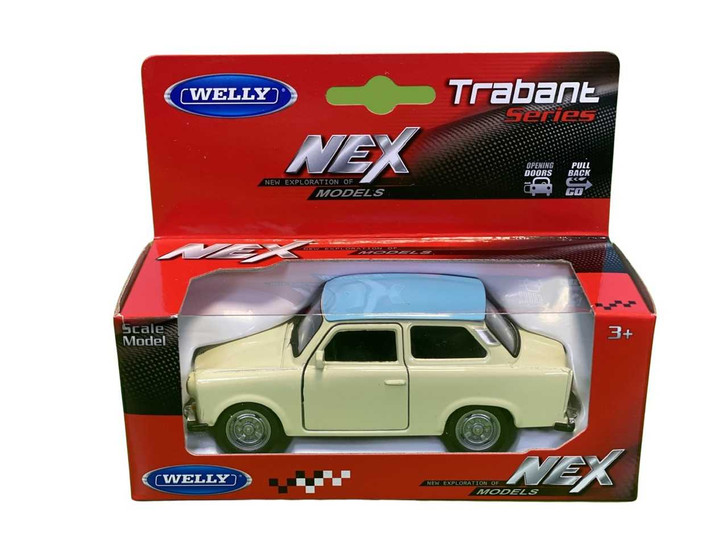 Macheta metal Trabant crem cu plafon albastru 1:43 Welly - Imagine 1