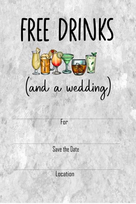 Wedding Free Drinks and a Wedding Invitation Postcard