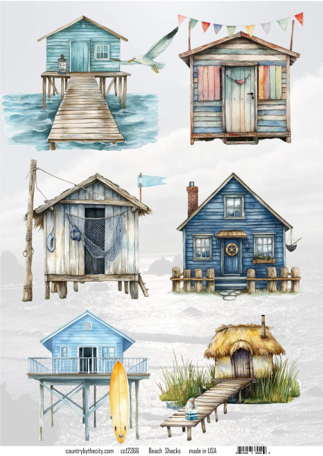 Beach Shacks Decoupage Rice Paper, Coastal, Nautical