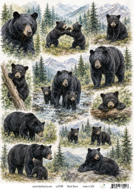 Black Bears A4 Decoupage Rice Paper