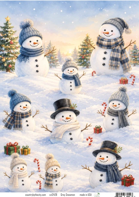 Grey Snowmen Holiday A4 Decoupage Rice Paper