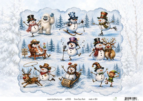 Snow Days Rock Snowman A4 Decoupage Rice Paper