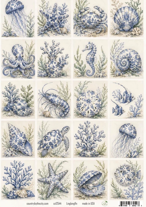 Linglongfin Chinoserie Sea Life A4 Decoupage Rice Paper