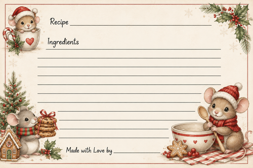 Christmas Mice 4x6 Holiday Recipe Card
