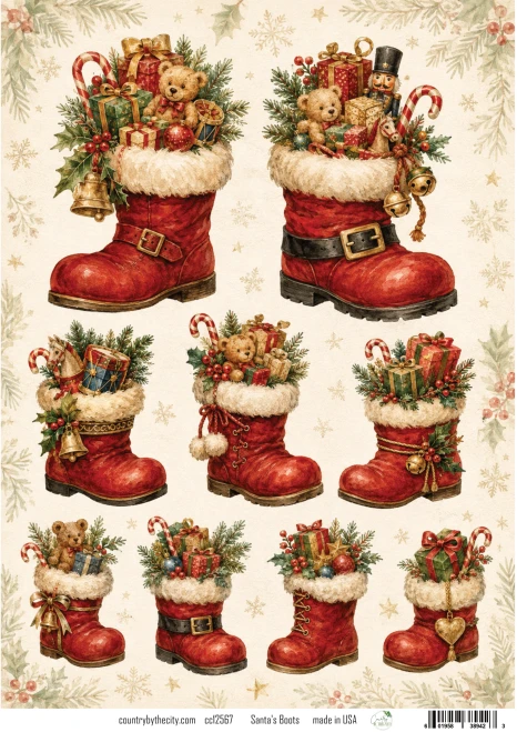 Santa's Boots Holiday A4 Decoupage Rice Paper