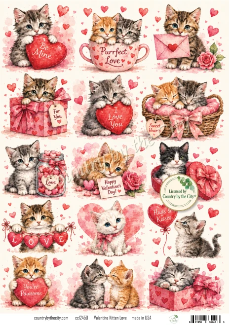 Valentine Kitten Love A4 Decoupage Rice Paper
