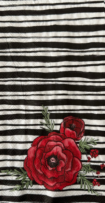 Red Peonies on Black & White Guest Towel