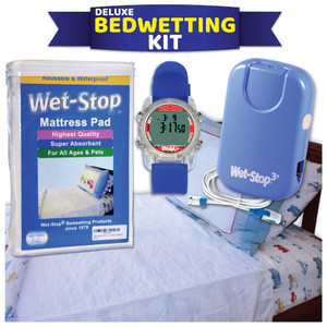 Deluxe bed wetting kit comes with Wet-Stop bedwetting alarm, protective and washable mattress pad, and WobL alarm reminder watch for daytime bathroom reminders. Deluxe bed wetting kit comes with Wet-Stop bedwetting alarm, protective and washable mattress pad, and WobL alarm reminder watch for daytime bathroom reminders.