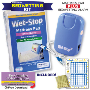 The Wet-Stop Bedwetting Kit includes a Wet-Stop 3+ bedwetting alarm plus a waterproof, washable bed pad with secure tuck-wings, a Progress chart and reward stickers, plus a free download of the book "The Complete Bedwetting Guide." The Wet-Stop Bedwetting Kit includes a Wet-Stop 3+ bedwetting alarm plus a waterproof, washable bed pad with secure tuck-wings, a Progress chart and reward stickers, plus a free download of the book "The Complete Bedwetting Guide."