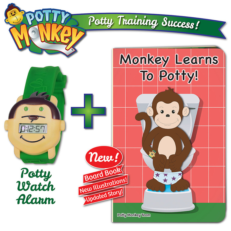 Potty Monkey potty training timer alarm comes with a free copy of the children's book Monkey Learns To Potty, 2019 edition.