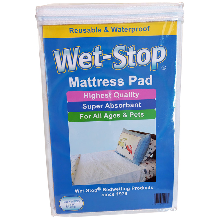 Wet-Stop Mattress Pad with tuck wings, in package.