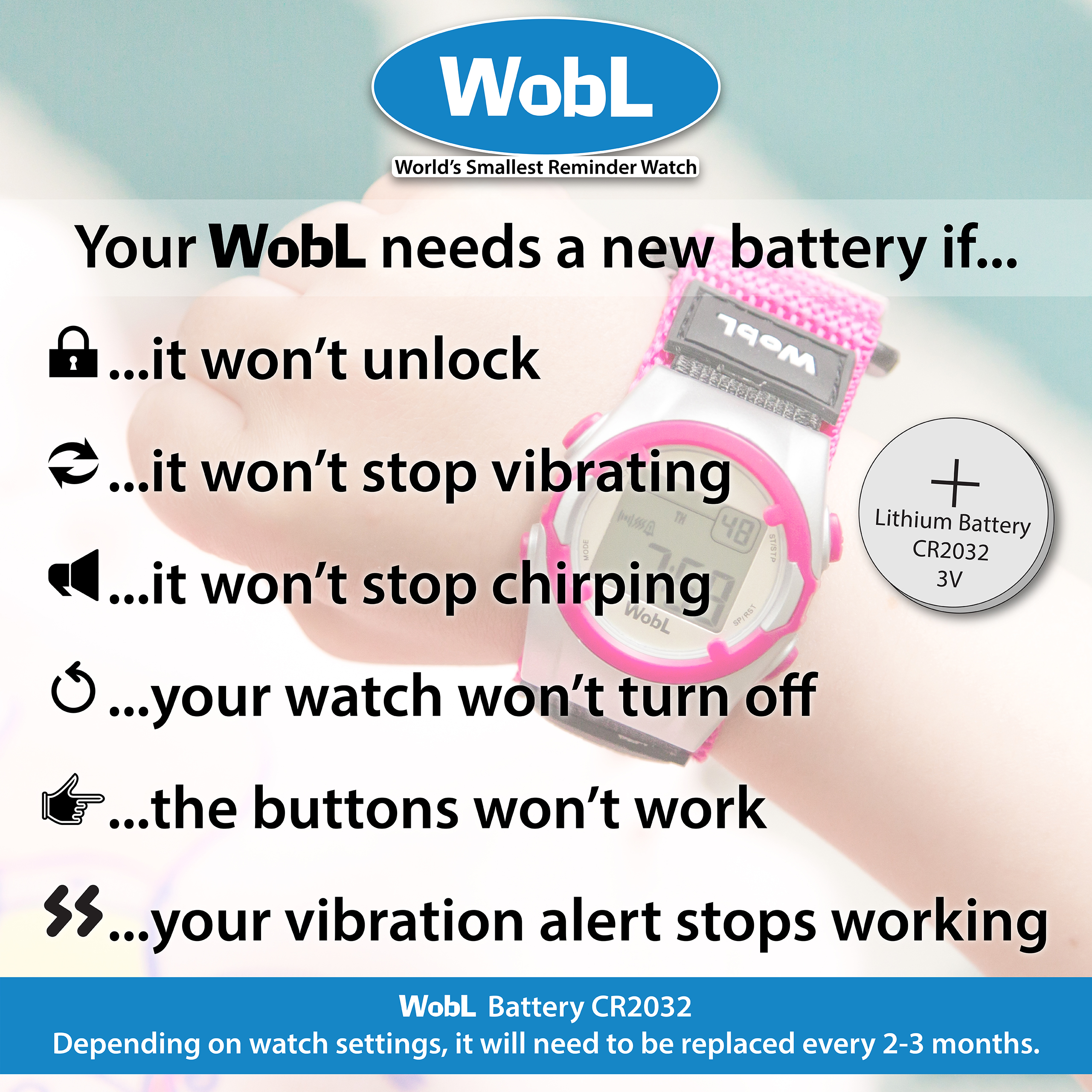 WobL Watch - vibrating watch with 8 alarms & countdown timer