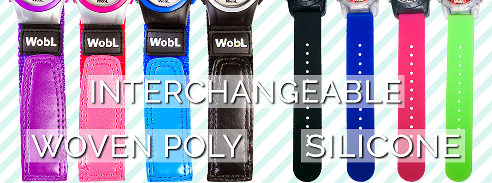 All colors of WobL watch band, both silicone (waterproof) and hook-and-loop close.