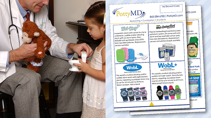 Doctor with Potty Monkey & patient in office; product flyers with discount code box