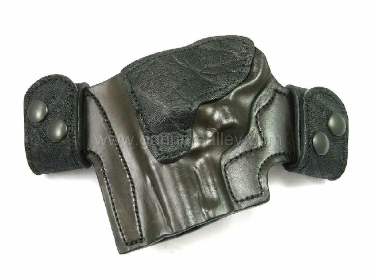 LH MTR Custom Deluxe Fullsize Quicksnap Holster done in Dark Brown Bullhide with Black Elephant Trim - Fits a S&W N Frame 2" - Front View