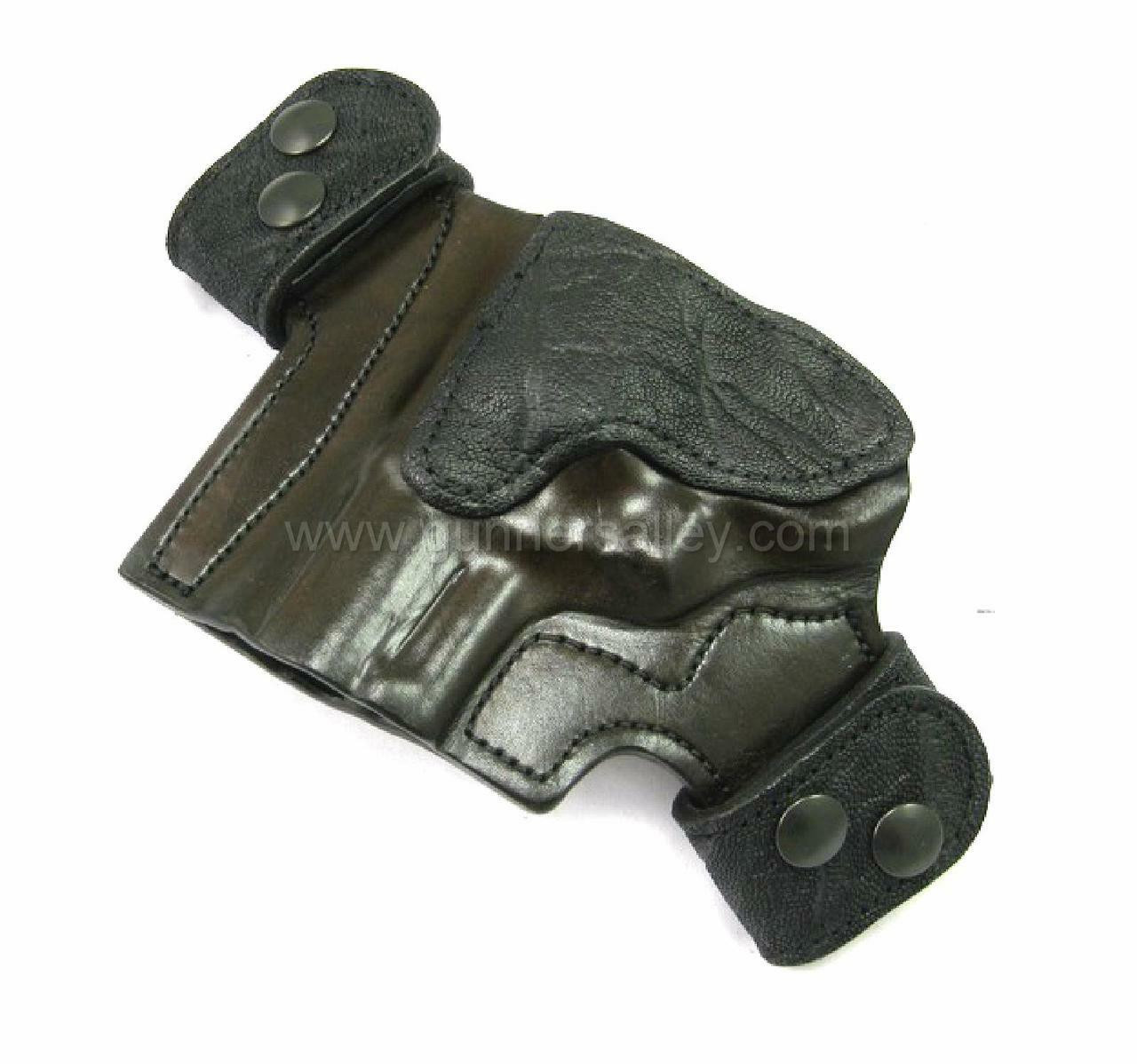 LH MTR Custom Deluxe Fullsize Quicksnap Holster done in Dark Brown Bullhide with Black Elephant Trim - Fits a S&W N Frame 2" - Side View