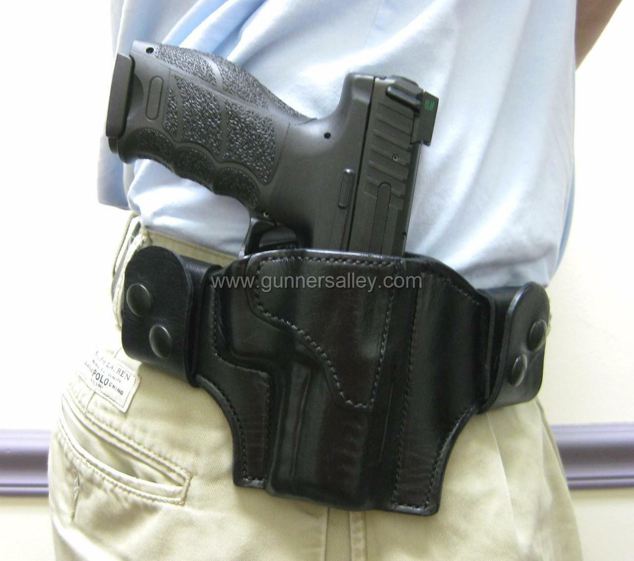 Shown on the waist - RH Black MTR Custom Vertical Deluxe Full Size Quick Snap Holster Shown with a H&K VP9 for Demonstration Purposes