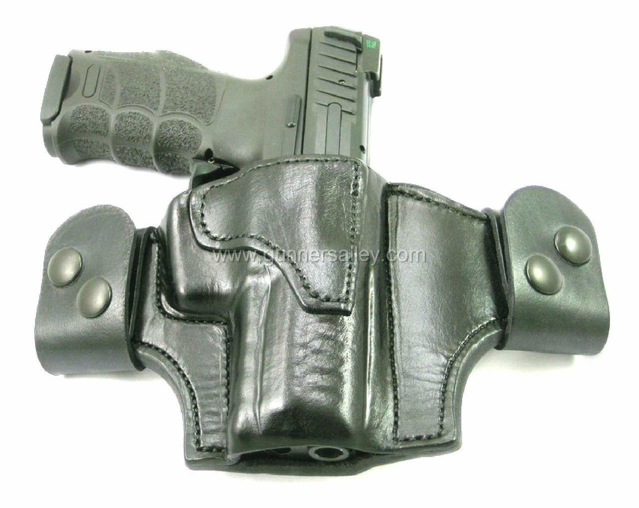Front View - RH Black MTR Custom Vertical Deluxe Full Size Quick Snap Holster Shown with a H&K VP9 for Demonstration Purposes