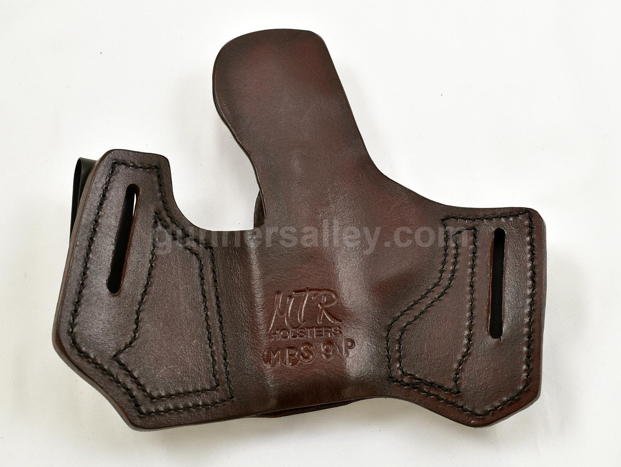 RH Mahogany MTR Custom Dual Carry Holster with an Optic Cutout for a S&W M&P Shield Plus without a Safety - Front View