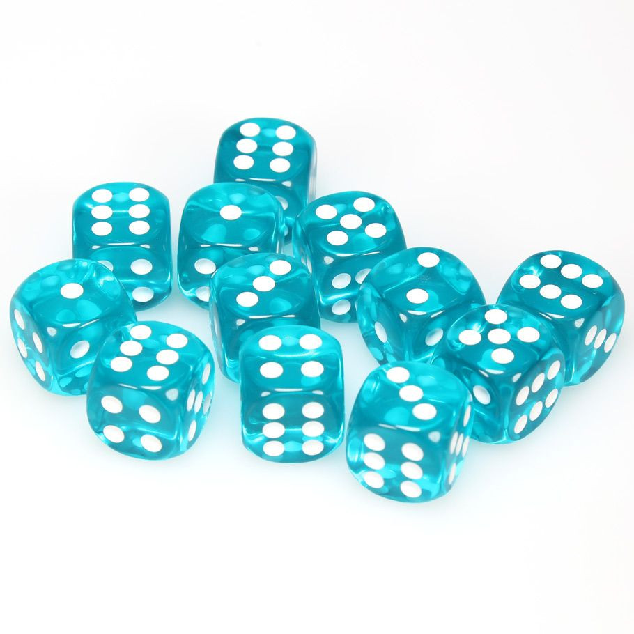d6 Cube 16mm Translucent Teal with White (12) - ACD Distribution