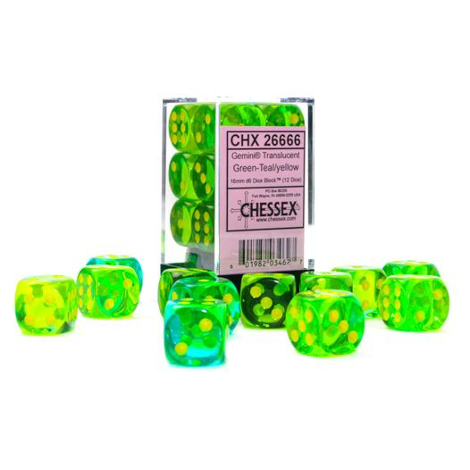 d6 Cube 16mm Gemini Translucent Green-Teal with yellow (12) - ACD