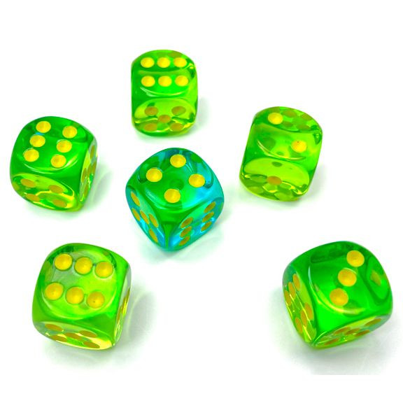 d6 Cube 16mm Gemini Translucent Green-Teal with yellow (12) - ACD