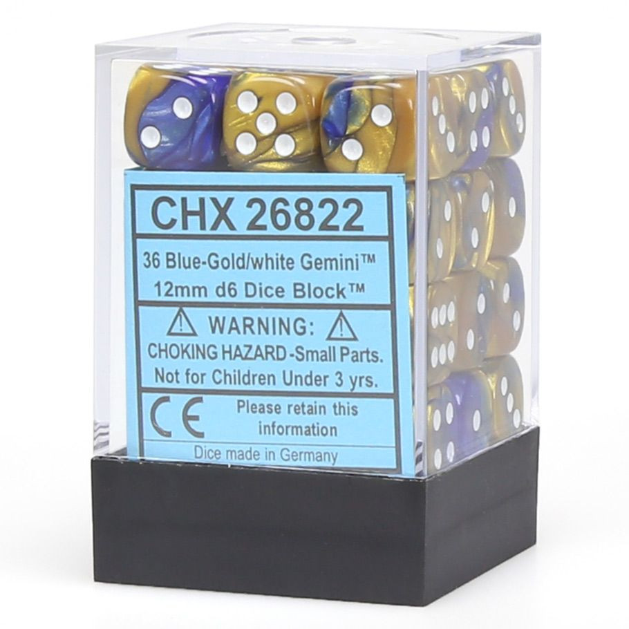 d6 Cube 12mm Gemini Blue and Gold with White (36) - ACD