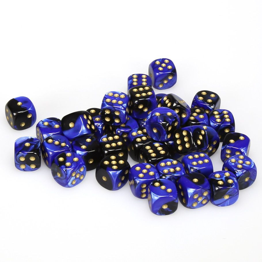 d6 Cube 12mm Gemini Black and Blue with Gold (36) - ACD